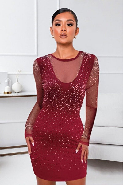 MODA Trend uzun kollu yaka yuvarlak dekolteli taşlı kadın elbise