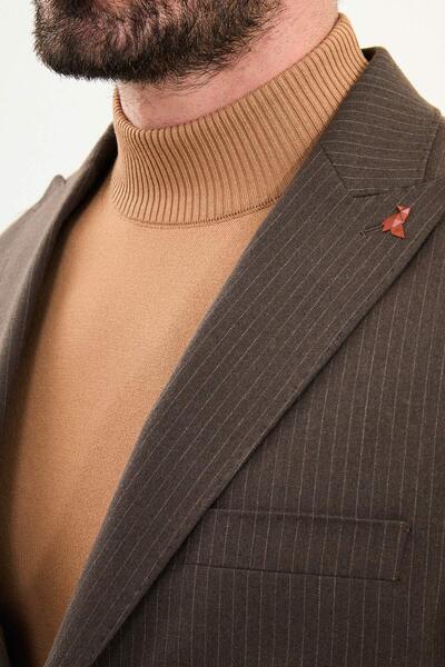 Mcr Striped Slim Fit Bag Pocket Wide Lapel Bag Pocket Men's Suit Light Brown - 45407.25K