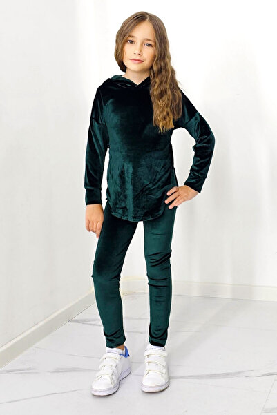 FashionForYou Compleu casual, Zoya Kids, din catifea, cu pantaloni slim si bluza cu gluga, Verde, 34 ani