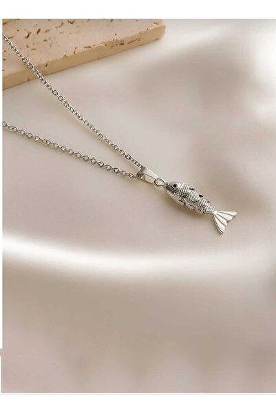 ÖZÜM TAKI Women's Steel Fish Model Stainless Chain Necklace Silver Color