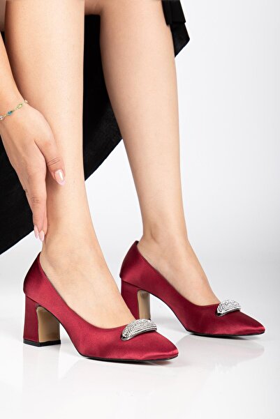 Dilimler Ayakkabı Women's Siletto Heeled Shoes Burgundy Satin Stone Thick Heeled