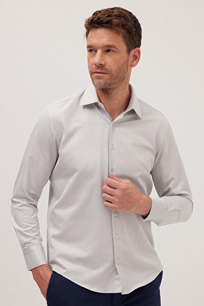 Tudors Erkek Regular Fit Klasik Kesim Pamuklu Düz Açık Gri Gömlek