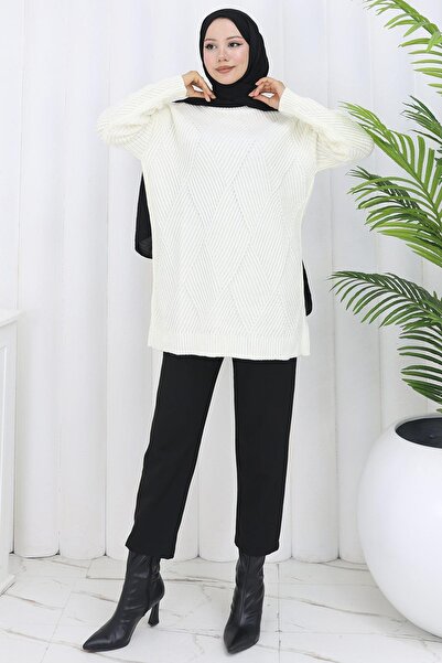 hafsamina Πουλόβερ με λαιμόκοψη με μοτίβο μπακλαβά λευκό HM2836