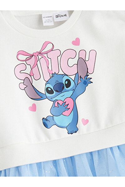 LC Waikiki Ekru Stitch Baskılı Fırfırlı Kız Çocuk Kalın Elbise