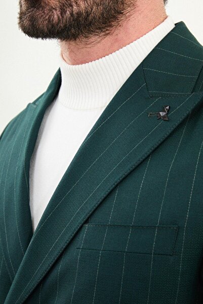 Mcr Striped Slim Fit Wide Collar Double Breasted Men's Suit Emerald - 45426.25K
