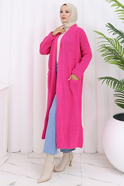 hafsamina Shawl Collar Pocketed Knitwear Cardigan Fuchsia Hm2243