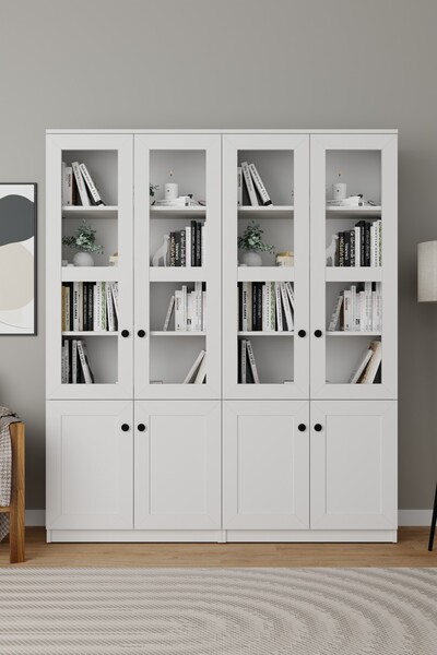 midoser Lisa 8 Kapaklı Beyaz Vitrin Seti - Kitaplık ve Çok Amaçlı Dolap