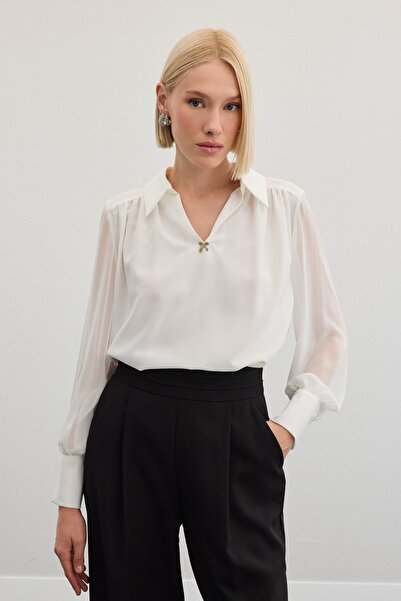 Sateen Aksesuarlı Salaş Bluz - Ekru
