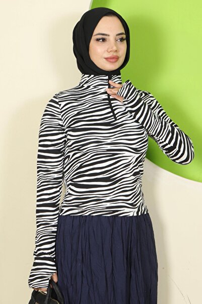 hafsamina Zebra Pattern Zippered Bodysuit White Hm2832