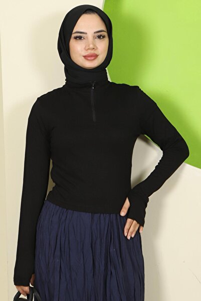 hafsamina Μπλουζάκι με μισό φερμουάρ Μαύρο HM2830