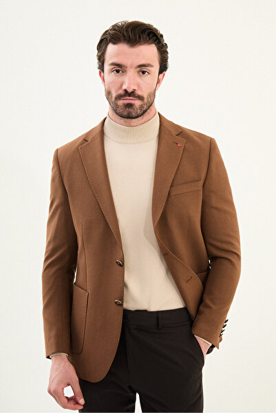 Mcr Plain Slim Fit Mono Collar Pocket Pocket Metal Button Men's Jacket Camel - 41478.25K