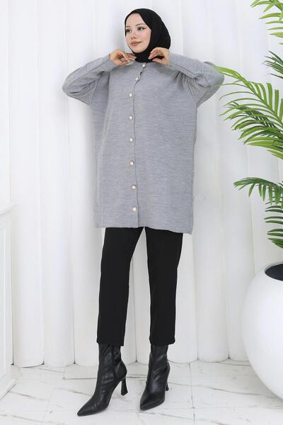 hafsamina Πλεκτό Ζακέτα με Πέρλες Γκρι HM2834