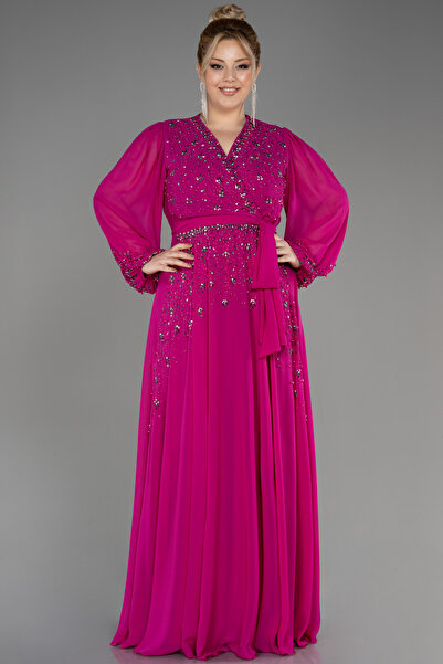 Abiyefon Fuşya Uzun Kol Taş İşlemeli Şifon Büyük Beden Abiye ABU3075