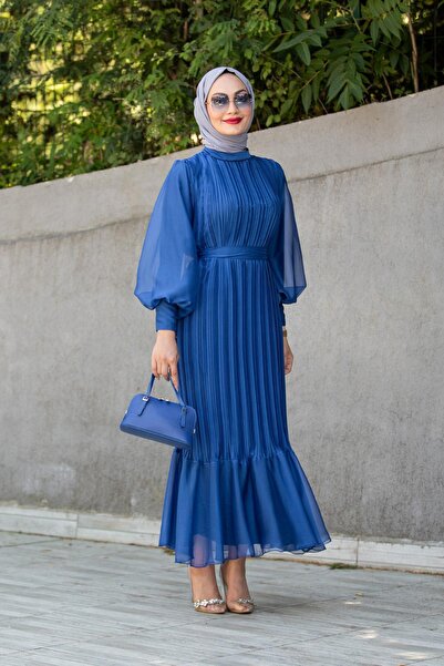 Tesettür Çarşım Mindy Drapeli Özel Gün Elbisesi-Sax