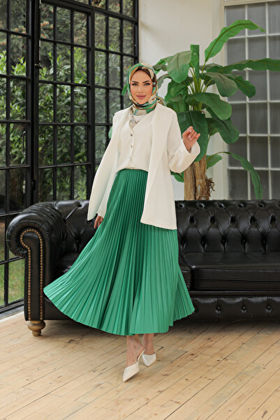 comstar Women's Basic High Waist Pleated Loose Emerald Long Skirt