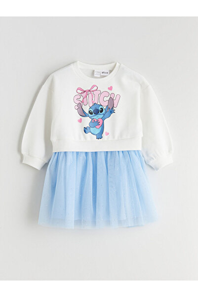 LC Waikiki Ekru Stitch Baskılı Fırfırlı Kız Çocuk Kalın Elbise