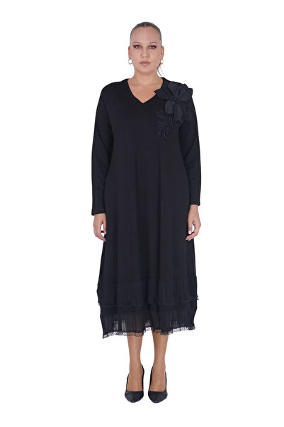 Darkmen Women's Plus Size Black Floral Motif Tulle Pleated Ruffle Detail Long...