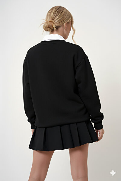 uyguntarz Unisex Leopard Patterned Heart Printed Oversize Crew Neck Sweatshirt