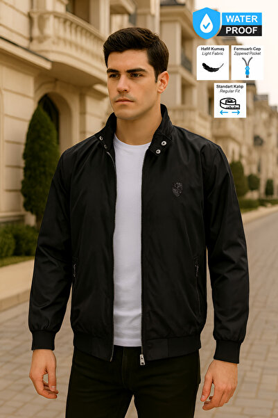 BESSA Водонепроникний чорний комір Regular Fit на блискавці з кишенями та підкладкою Сезонний пальто