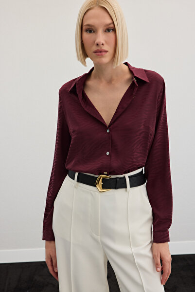 Sateen Zebra Desenli Gömlek - Bordo