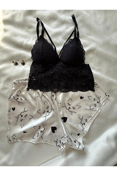 İNKO İÇ GİYİM Bustier Lace Detailed Satin Shorts Set