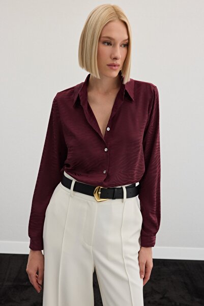 Sateen Zebra Desenli Gömlek - Bordo