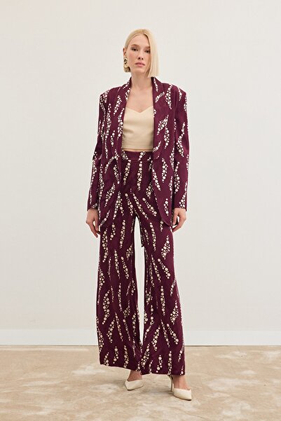 Sateen Desenli Bol Paça Pantolon - Bordo