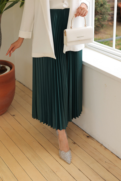 comstar Women's Basic High Waist Pleated Loose Petrol Long Skirt