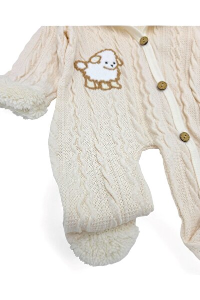 Egelite Lamb Embroidered 0-3-6-9 Months Knitwear Jumpsuit, Seasonal Unisex, Closed Feet, Wooden Buttons, Hooded