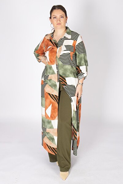 Bedrinxxl Kadın Büyük Beden Desenli Uzun Tunik Gömlek Kristal Takım Şık Teset...