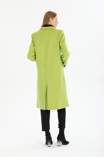 Pitti Women's Pistachio Green Men's Collar Midi-Length Black Buttoned Black Lined Coat 70615..