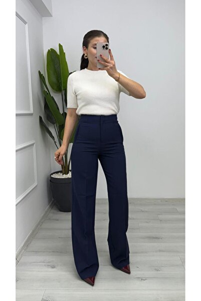 TUNAM BUTİK 7018 Pens Detailed Palazzo Fabric Trousers Navy Blue