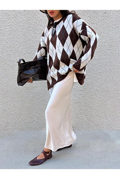 minaaise Γυναικείο πουλόβερ καφέ oversize με καρό σχέδιο 5581