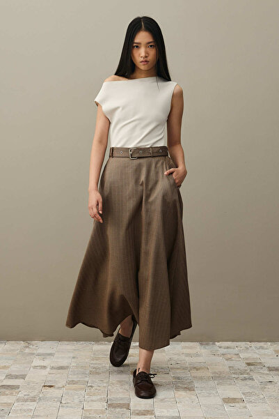Fahhar Fishbone Belted Skirt Brown