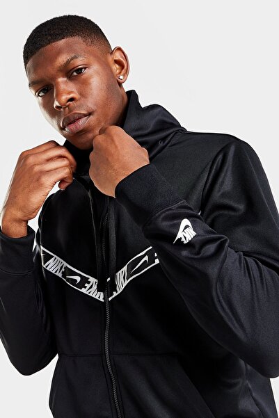 Nike Sportswear Repeat Graphic Full Zip Hoodie Kapüşonlu Erkek Sweatshirt Siyah-Beyaz