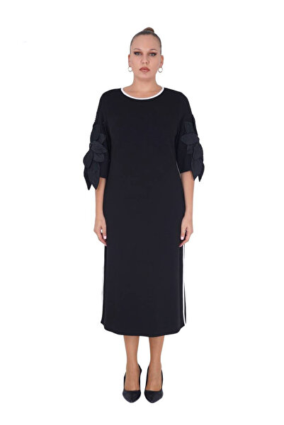 Darkmen Kadın Büyük Beden Siyah Çiçek Motifli Beyaz Şeritli Uzun Elbise