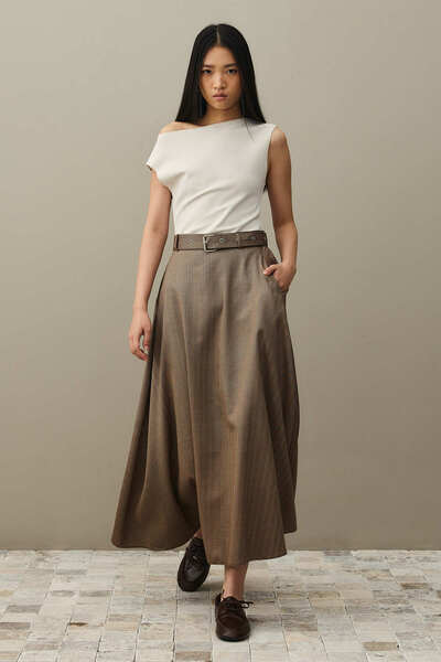 Fahhar Fishbone Belted Skirt Brown