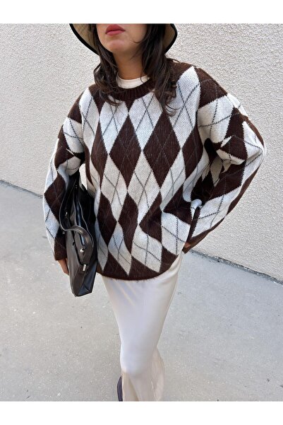 minaaise Γυναικείο πουλόβερ καφέ oversize με καρό σχέδιο 5581