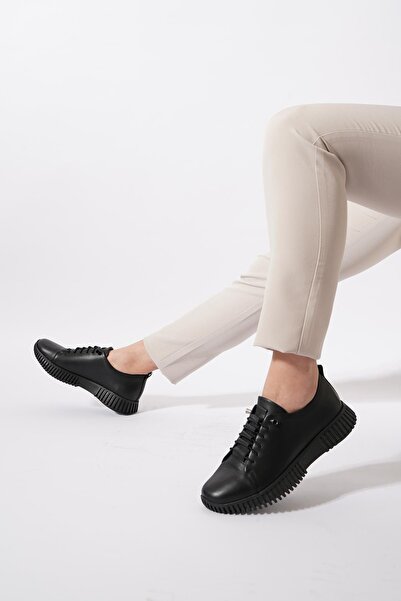 Moda Pie Aria Pileli Bağlı Hakiki Deri Kadın Ayakkabı Siyah Cilt