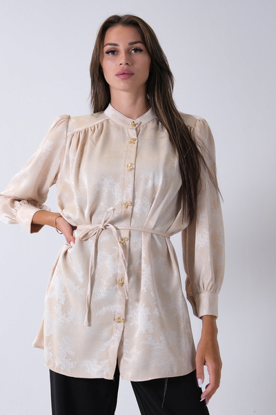 Feminist Hakim Yaka Bel Bağlamalı Desenli Tunik Bej 4595333
