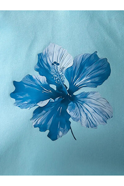 MORNİNG KİDS Kız Çocuk Kapşonlu Bebe Mavi Hibiscus Çiçeği Baskılı Sweatshirt