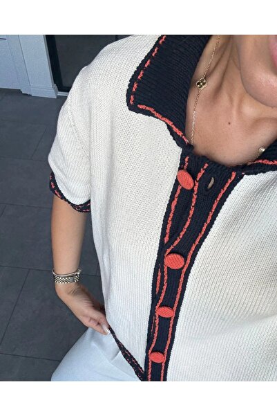 TB Butik Cream Orange Button Detail Short Sleeve Cardigan