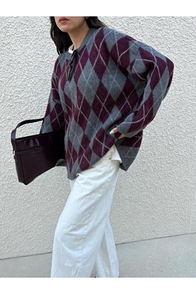 minaaise Pulover moale în carouri oversize pentru femei, bordeaux, 5581