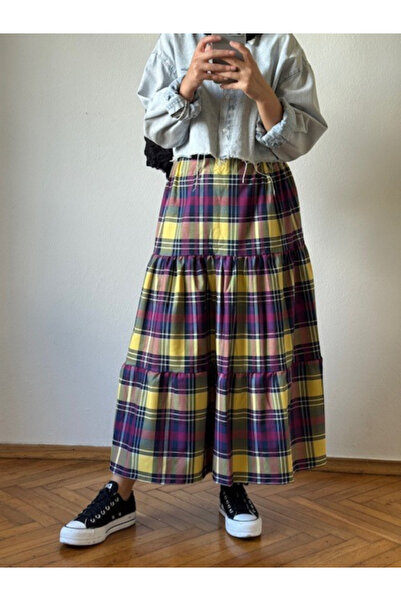 Hiera Sarı Ekose Desenli Etek