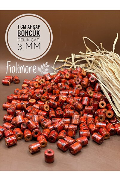 Fiolimore 1 cm Kesme Boru Ahşap Boncuk (25 Gram 80 Adet) Kırmızı Desenli Sili...