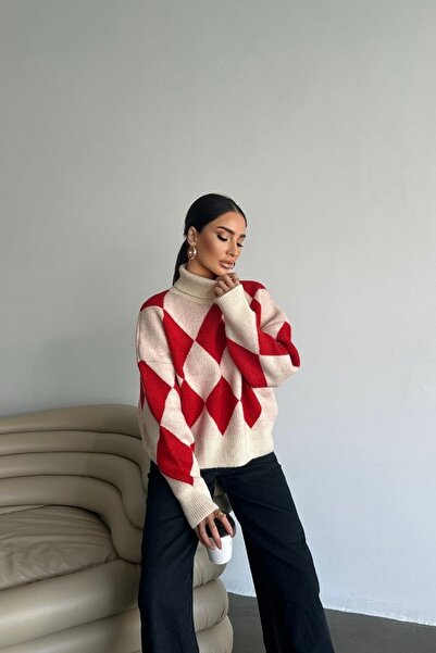 Noi Belis Oversize Baklava Desenli Balıkçı Yaka Triko Kazak AW25KZ0051