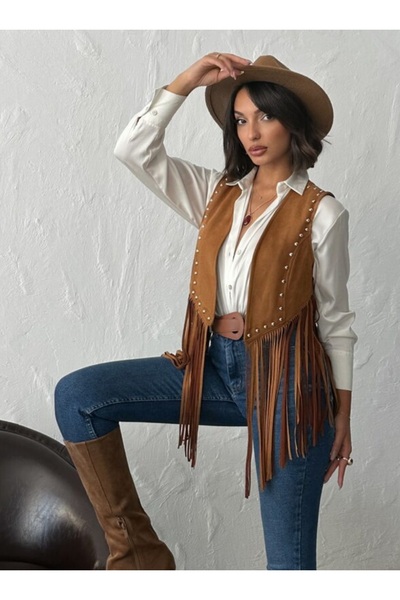 TOPSHOW Γιλέκο από σουέτ με φούντες με πέτρινη λεπτομέρεια