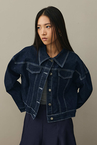 Fahhar Oversize Short Denim Jacket Dark Blue