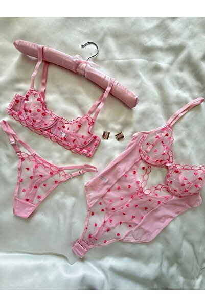 İNKO İÇ GİYİM Underwire Cupless Tulle Detailed Heart Patterned Bra Set & Bodysuit (Bra Thong)