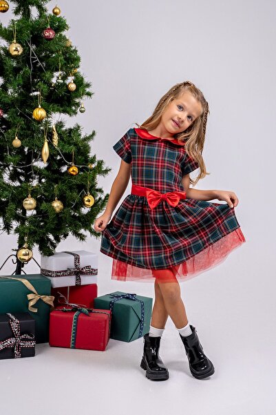 ZUZUNGA Girl's Plaid Patterned Bow Tulle (2-6) Age Dress